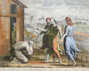 Antique Itaian Hand Colored Distressed Engraving of Abraham
