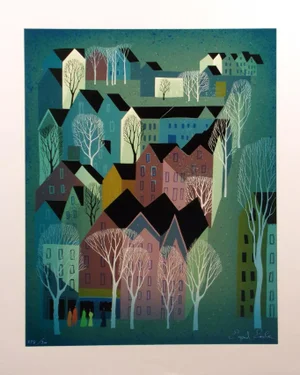1981 "Village" Abstract Hand Signed Serigraph by Eyvind Earle