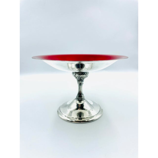 Ruby Red Vintage Reed & Barton Silver Plate & Ruby Red Enamel Pedestal Compote For Sale - Image 8 of 12