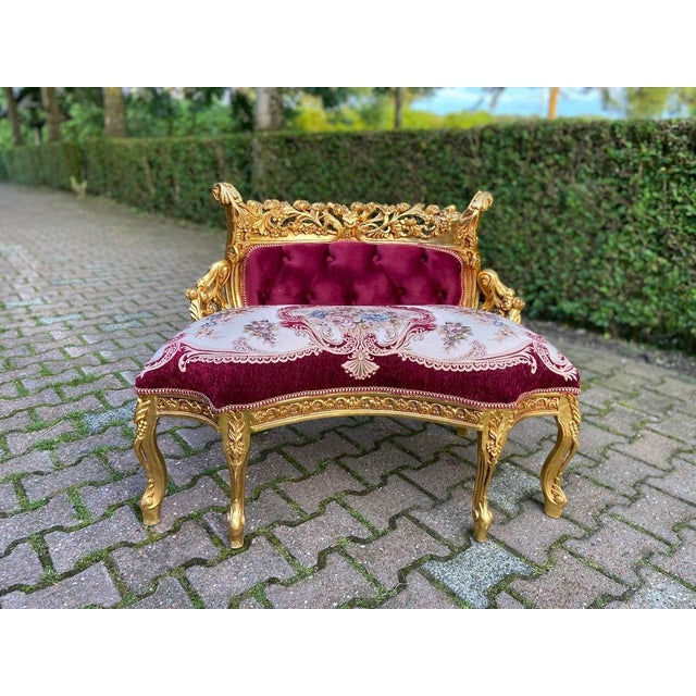 Late 20th French Louis XVI Gold Beech Red Velvet Settee For Sale - Image 6 of 14