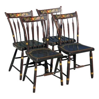 Antique Country Primitive Thumb Back Fancy Paint Windsor Chairs- Set of 4 For Sale