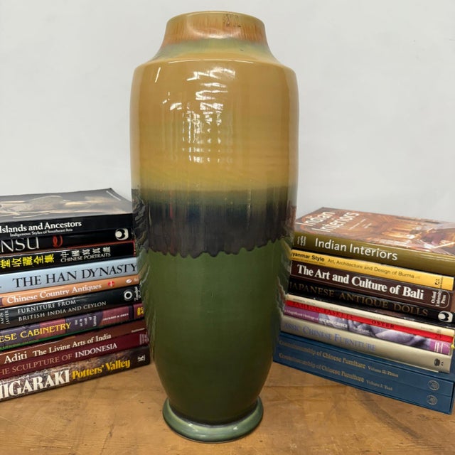 Late 20th Century Tall Green Vase with Mustard Top and Charcoal Glaze Band For Sale - Image 5 of 9