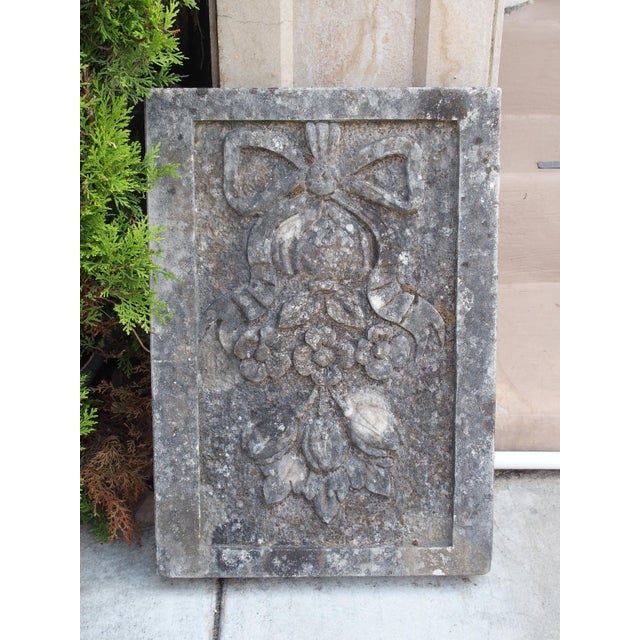 Stone Gray Small Italian Limestone Bas Relief Plaque, Crinkled Ribbon and Fruit Carvings For Sale - Image 8 of 9