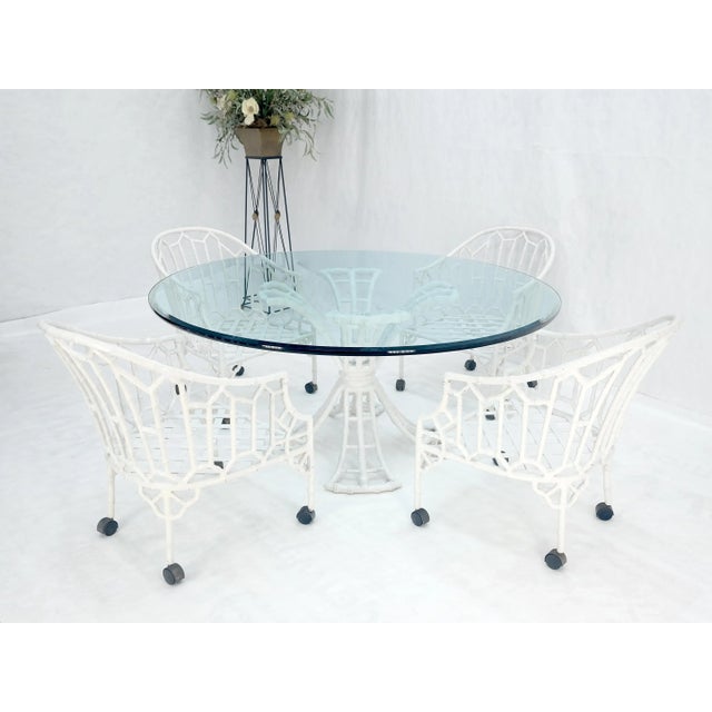 Metal Cast Aluminum Faux Bamboo 4 Arm Chairs 60" 3/4" Glass Top Dining Table Set For Sale - Image 7 of 12