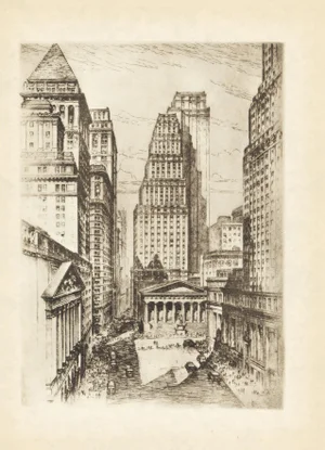"Banking District" 1939 New York Etching by Anton Schutz