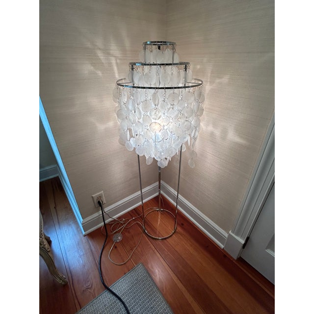 Contemporary Organic Modern Verner Panton Style Capiz Shell & Chrome Floor Lamp For Sale - Image 3 of 11