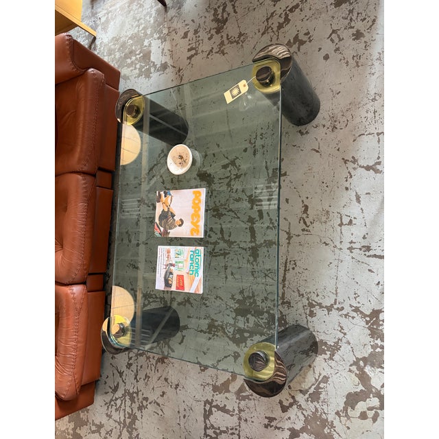 Metal Karl Springer Gunmetal & Brass Coffee Table – Signed Rare Large Glass Top Cocktail Table – Modernist / Mid Century For Sale - Image 7 of 10