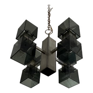 Late 20th Century Brutalist Smoked Plexiglass "Ice Cube" Chrome Chandelier For Sale