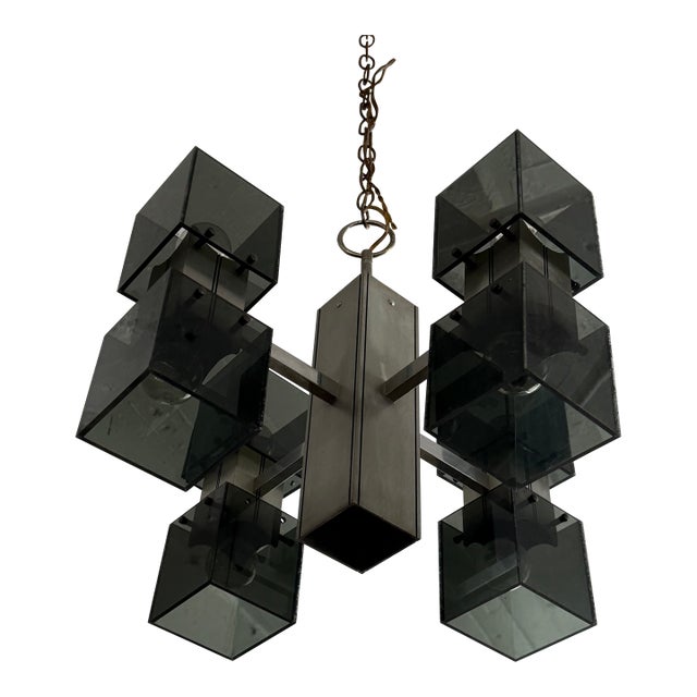 Late 20th Century Brutalist Smoked Plexiglass "Ice Cube" Chrome Chandelier For Sale