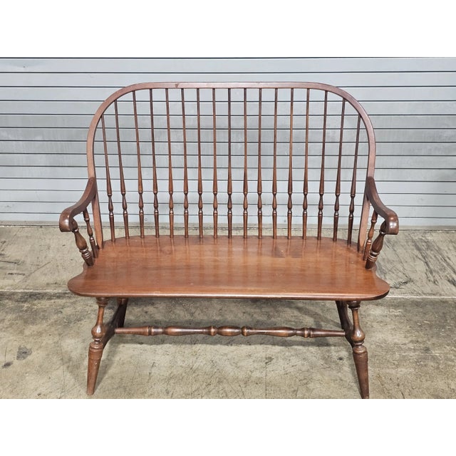 Store Item: L. Hitchcock Windor Style Bench Made in Conneticut Description: Bench features a shaped rail with spindle back...