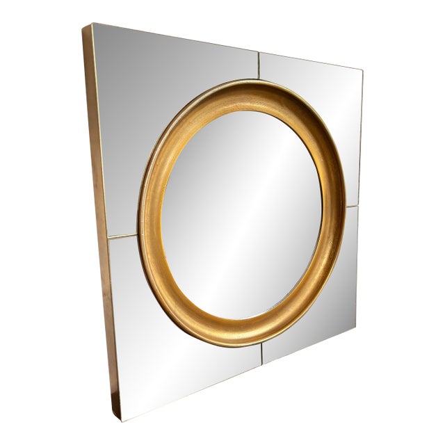 Uttermost Round Mirror on Square Glass and Brass Frame For Sale