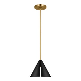 Kelly Wearstler By Visual Comfort Studio Cambre 1-Light integrated LED Medium Pendant in Burnished Brass with Midnight Black Steel Shade For Sale