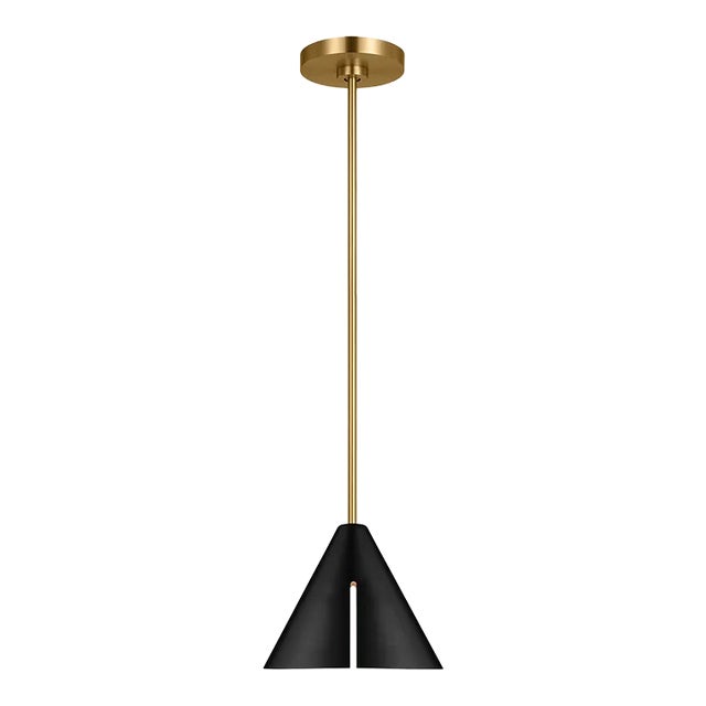 Kelly Wearstler By Visual Comfort Studio Cambre 1-Light integrated LED Medium Pendant in Burnished Brass with Midnight Black Steel Shade For Sale