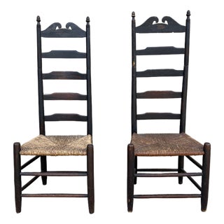 Pair of Antique Black Painted Shaker Ladder Back Chairs With Rush Seats For Sale
