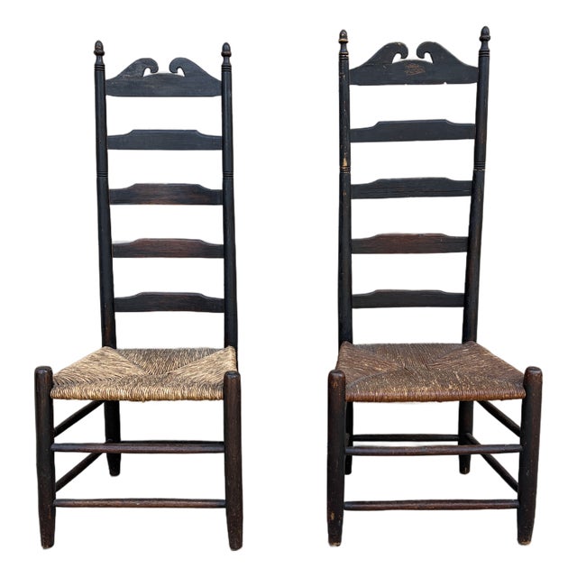 Pair of Antique Black Painted Shaker Ladder Back Chairs With Rush Seats For Sale
