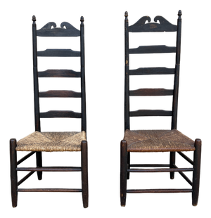 Pair of Antique Black Painted Shaker Ladder Back Chairs With Rush Seats