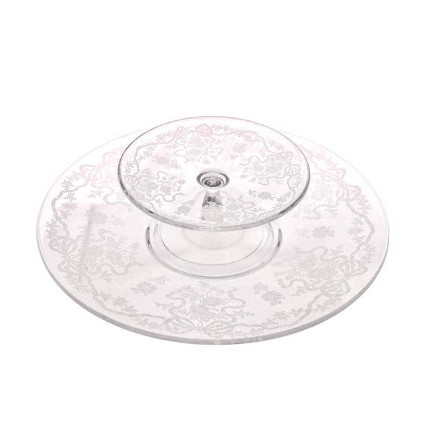 Vintage etched Elegant Glass serveware set includes an 11 inch platter tray plus a six inch pedestal style cheese tray in...
