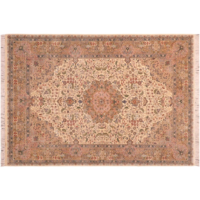 Beige Shabby Chic Medallion 1990's Pak-Persian Beige/Green Wool Rug - 6'1'' X 9'4'' For Sale - Image 8 of 9