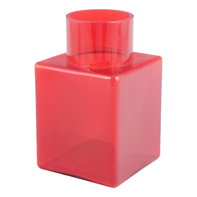 Vintage Geometric Vase in Clear Red Art Glass by Luciano Vistosi for Murano, 1960s For Sale