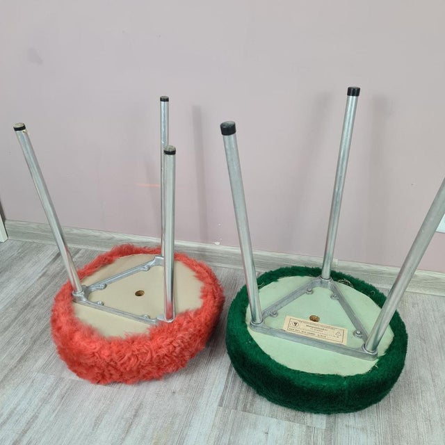 An original pair of webpelzhocker stools manufactured in east germany (gdr) by veb elektroinstallation deutschneudorf. The...