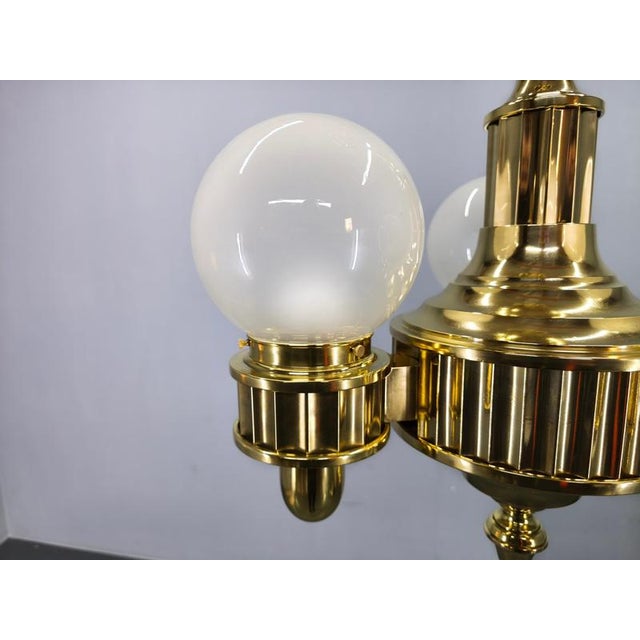 1930s Art Deco Brass and Opaline Glass Chandelier, Czechoslovakia, 1930s For Sale - Image 5 of 12