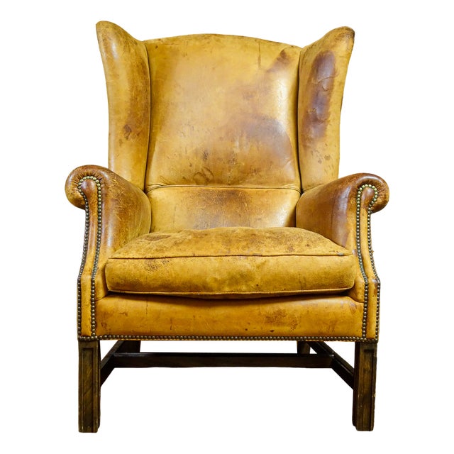 Vintage Tan Leather Wingback Armchair For Sale
