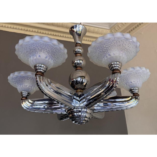Art Deco Opalescent Glass and Nickel-Plated Bronze Chandelier by Jean Gauthier for Petitot & Ezan, France, 1935 For Sale - Image 14 of 18