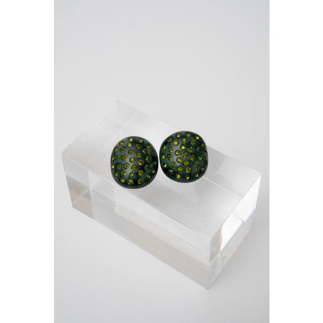Weiss Vintage Weiss Green Bakelite Hinged Bracelet, Clip on Earrings With Amber Rhinestones Set For Sale - Image 4 of 6