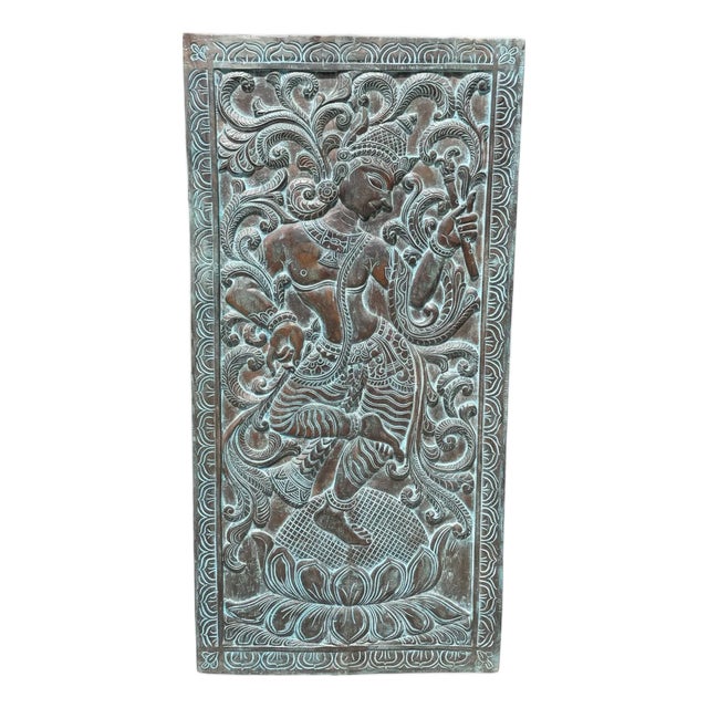 Vintage Wall Decor Barn Door Panel Dancing Krishna Carving Wall Hanging 72 For Sale