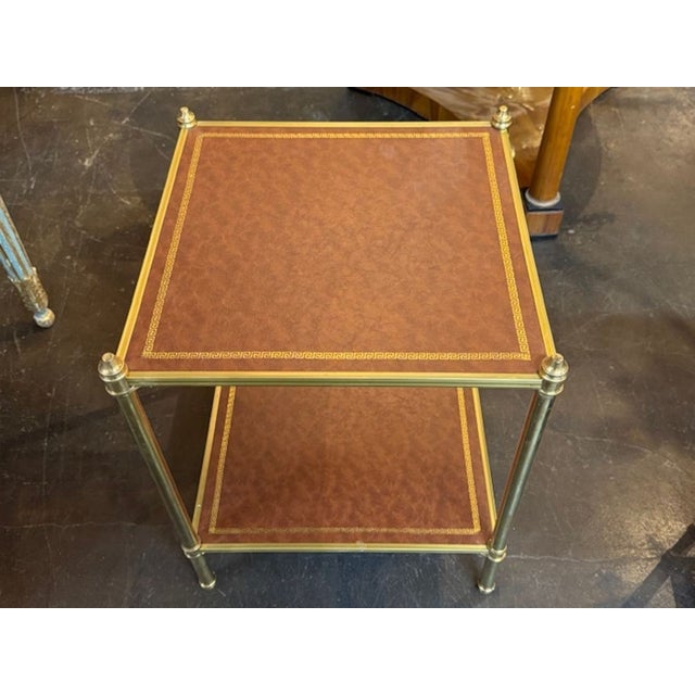 Early 21st Century Pair of Jansen Manner Leather and Brass Side Tables For Sale - Image 5 of 5