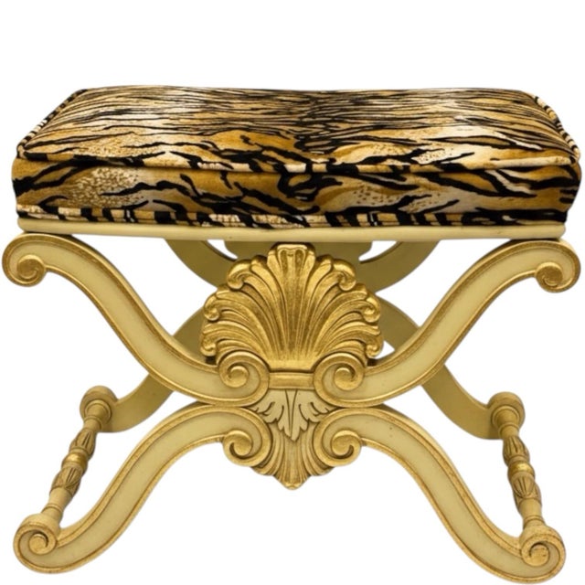 Traditional 1960s French Style Gilded X Benches by Karges in Tiger Velvet - Pair For Sale - Image 3 of 7