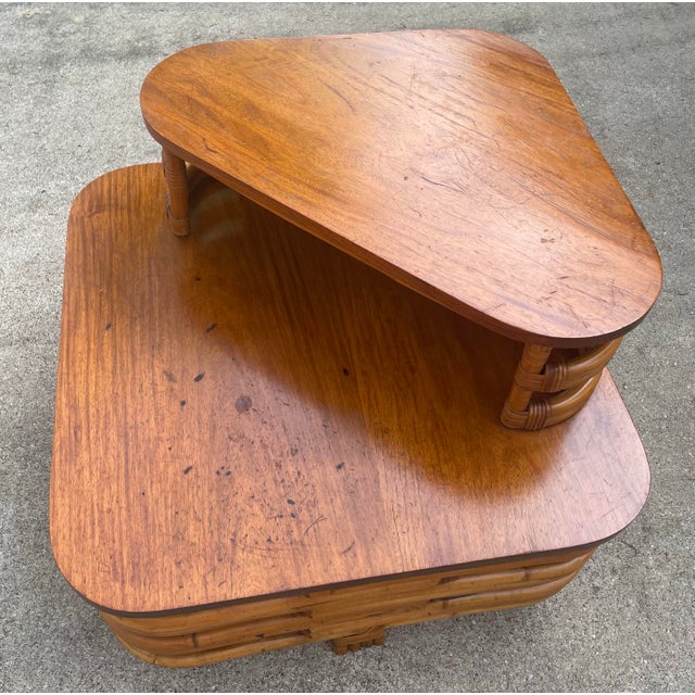 Mid Century Bi- Level Rattan Corner Table For Sale In Dallas - Image 6 of 10