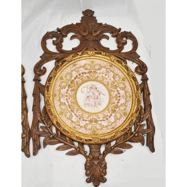 Metal Porcelain Cherub Plates with Gilt Frames, Set of 2 For Sale - Image 7 of 13
