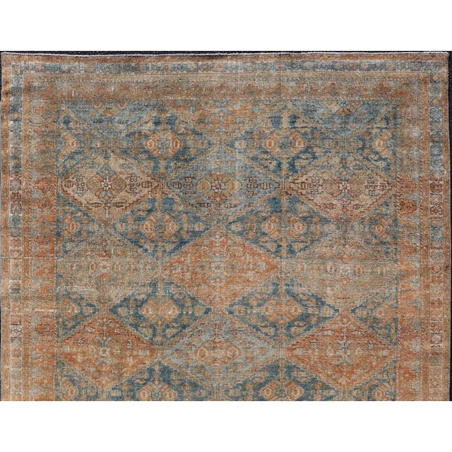 Early 20th Century Antique Persian Kurdish Rug With All-Over Geometric Medallion in Orange & Blue 5'2 X 6'6 For Sale - Image 5 of 12