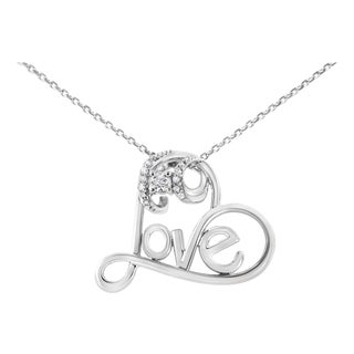 .925 Sterling Silver 1/10 Cttw Round Brilliant-Cut Diamond Accented Open Heart with Love 18" Pendant Necklace (H-I Color, I1-I2 Clarity) For Sale