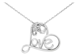 .925 Sterling Silver 1/10 Cttw Round Brilliant-Cut Diamond Accented Open Heart with Love 18" Pendant Necklace (H-I Color, I1-I2 Clarity)