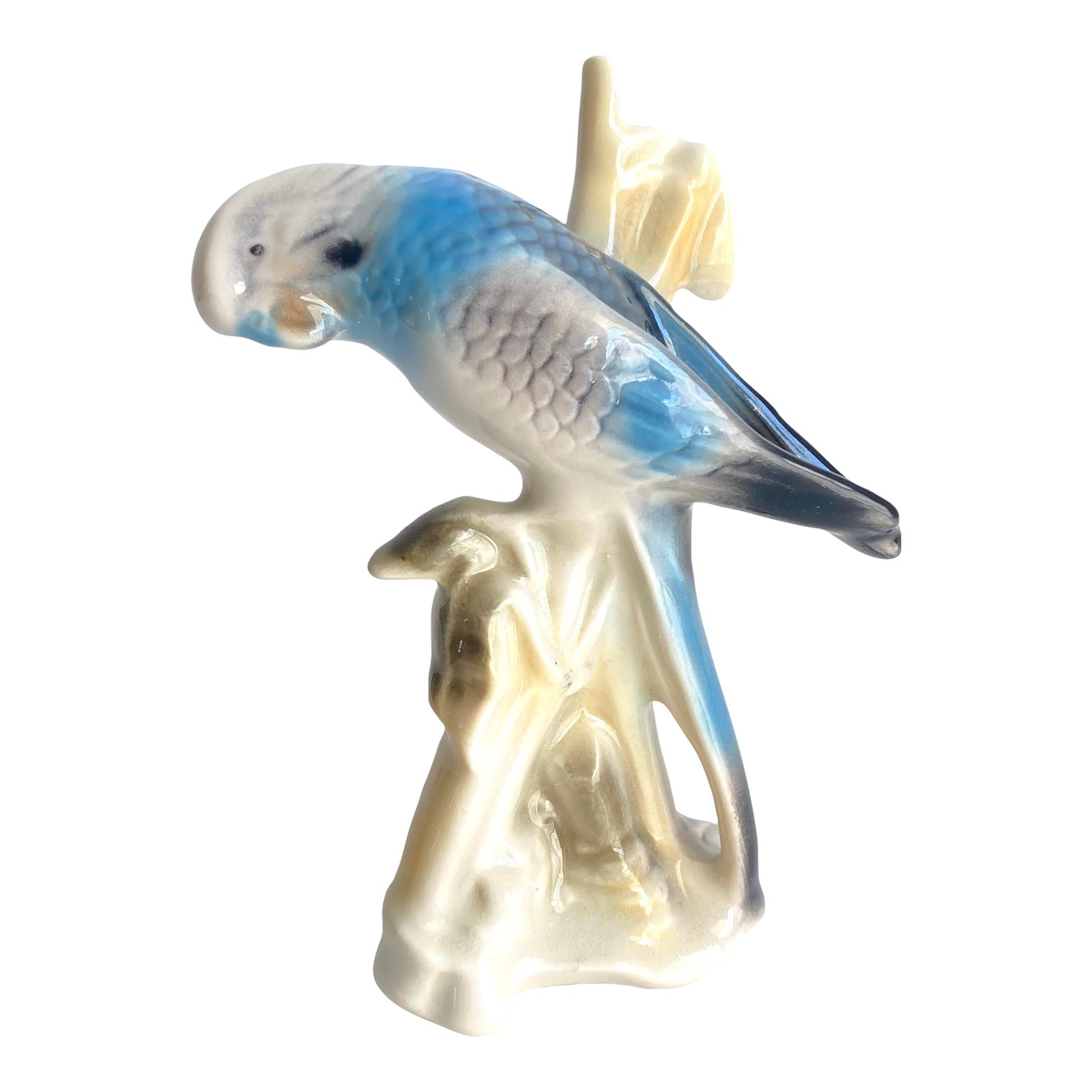 Vintage Parakeet Figurine Porcelain Blue Budgerigar Budgie Bird Parrot