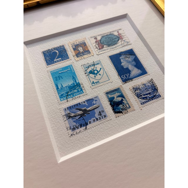 Framed Vintage Postage Stamp Collage, Petites Couleurs: Bleu For Sale - Image 9 of 11