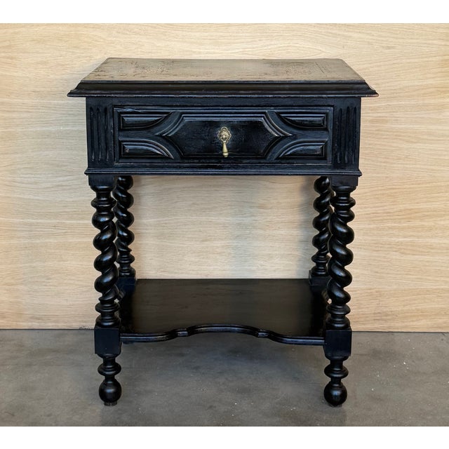 1900-1909 Dark Walnut Carved Spanish Nightstands With Solomonic Legs and Low Shelve For Sale - Image 6 of 15