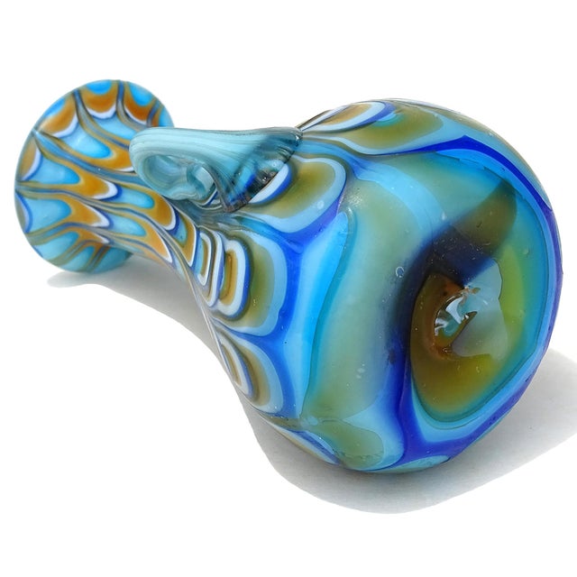Late 19th Century Antique Fratelli Toso Murano Fenicio Pulled Feather Technique Blue Orange White Italian Art Glass Cabinet Vase For Sale - Image 5 of 6