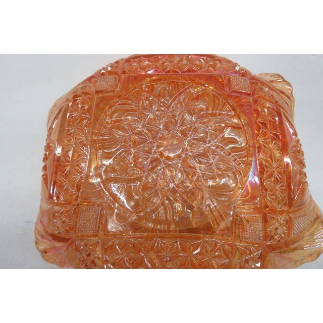 Orange Brockwitz Marigold Carnival Glass Curved Star and Headdress Ruffled Bowl For Sale - Image 8 of 13