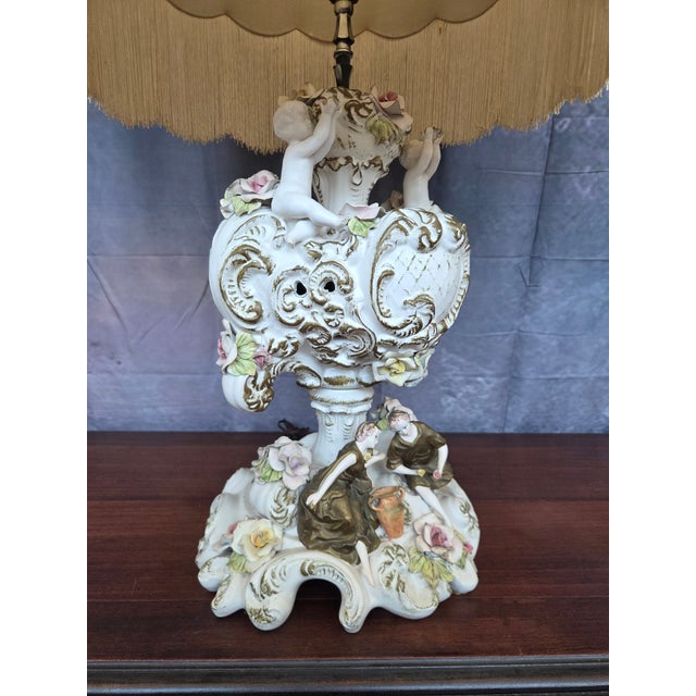 1960s 1960s Azzolin Brothers Porcelain Figural & Floral Table Lamp W/ Fringe Shade For Sale - Image 5 of 10