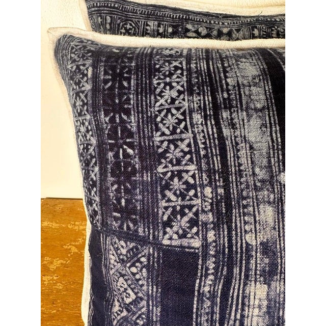 Distressed Blue and White Batik Pillows, Cotton and Linen, India For Sale - Image 4 of 8