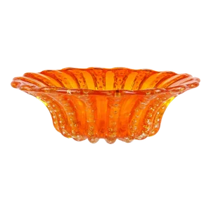 Barovier Toso Murano Vintage Bright Orange Bubbles Gold Flecks Italian Art Glass Scalloped Bowl