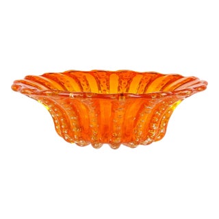 Murano Barovier Toso Vintage Bright Orange Bubbles Gold Flecks Italian Art Glass Scalloped Bowl For Sale