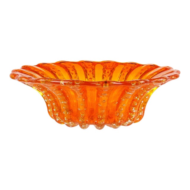 Vintage Barovier Toso Murano Bright Orange Bubbles Gold Flecks Italian Art Glass Scalloped Bowl For Sale