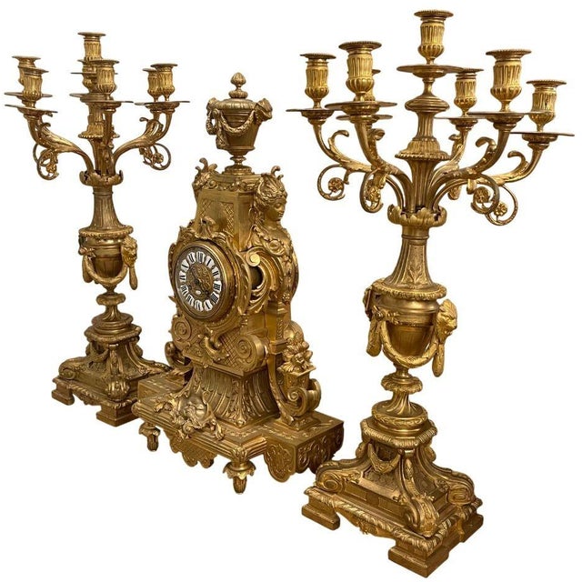 Large 19th Century French Doré Bronze Clock Garniture Marked Jules Graux, Paris. For Sale - Image 16 of 16