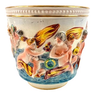 Vintage Capodimonte Planter Gold Trim Hand Painted Fantasy Pan Cherubs 6.25" For Sale