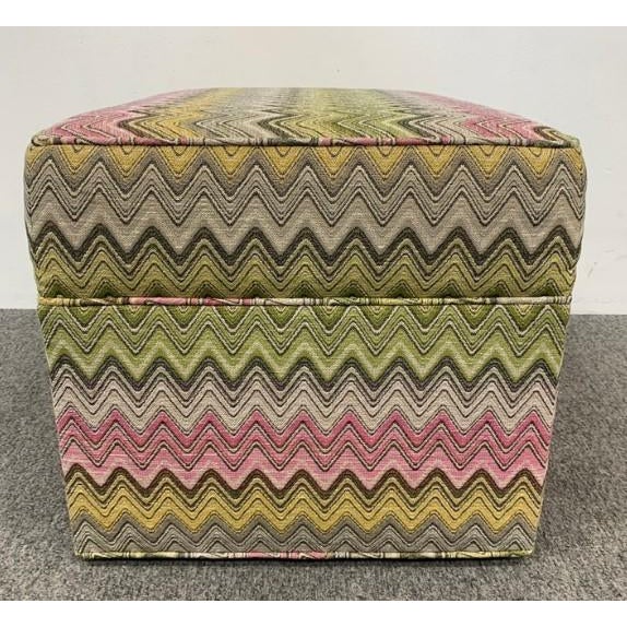 Bespoke Pink/Green chevron patterned ottoman with caster fabricated locally in Los Angeles, CA. 24.5"W X 18.5"D X 16.5"H.