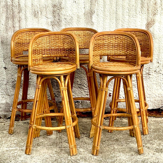 Vintage Costal Woven Rattan Bar Stools - Set of 5 | Chairish